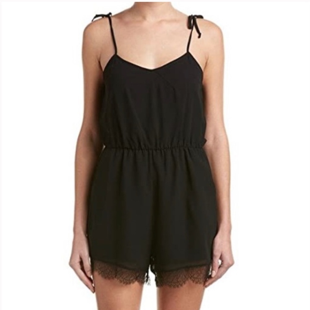 BCBGeneration Tie Strap Lace Trim Romper in Black - Picture 2 of 10